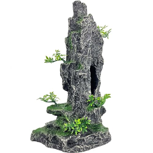 Aquarium Mountain View Stone Ornament Tree Rock Cave Aquarium Decorations Large and Tall Extra Large Aquarium Decorations for Fish Tank Decorations for Fish Tank - 14 Inches High - color: Black Mountain View, size: Tall - Mountain View