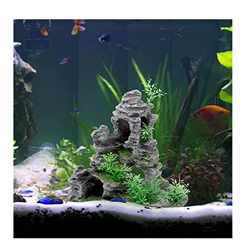 AnRui Aquarium Mountain View Rock Landscaping Decorations Fish Tank Resin Rock Hiding Cave Ornaments with Small Plant - size: 11.5"x 6"x 10.6"