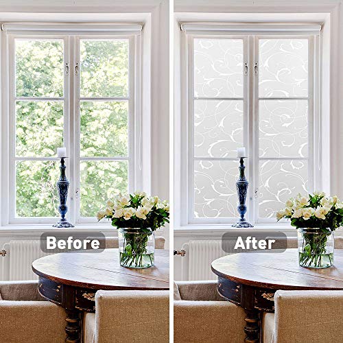 LEMON CLOUD Window Privacy Film, No-Adhesive Static Decorative Window Film, Frosted Stained Glass Window Cling Vine Design (17.5 x 157.4 Inch, White Leaf) - color: White Leaf, size: 17.5 x 157.4 Inch