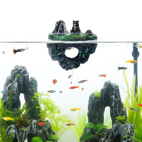 Aquarium Floating Island Decoration with Interactive Fish Feeding Hook, Floating Betta Hide and Shrimp Cave, Aquarium Decor with Hideout Tunnel, Betta Fish Hammock