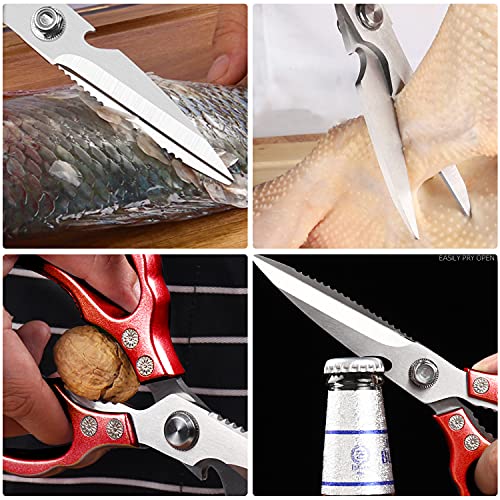 AWinjoy Heavy Duty Sharp Kitchen Scissors, Dishwasher Safe, Cooking Shears for Meat, Chicken, Fish, Poultry, Herb, Bread (Red) - color: Red
