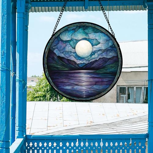DASTOLL Stained Glass Window Hanging, Blue Night Moon Lake Sun Catchers Colorful Glass Panel Landscape Suncatcher Decor for Birthday for Women, Men, Wife, Aunt, and Mom 14.9x14.9 in - color: Blue and White, size: 14.9x14.9 IN