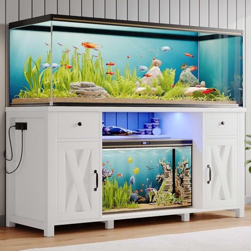 55-75 Gallon Fish Tank Stand with Power Outlet & LED Lights, 55 Gallon Aquarium Stand with Storage Drawers & Barn Doors, Heavy Duty Reptile Tank Cabinet for Turtle, Reptile Terrarium, White - color: White