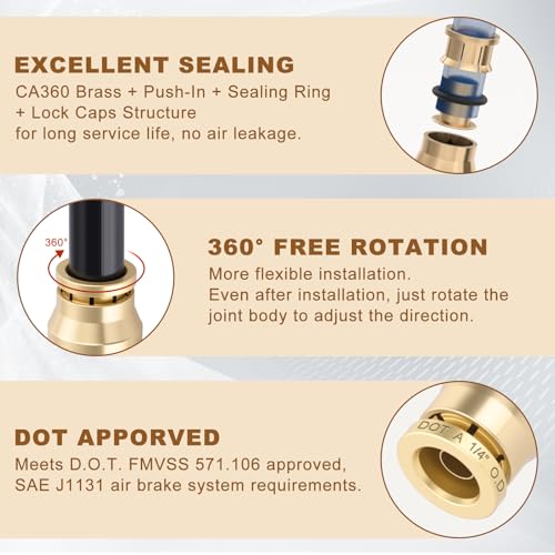 1/4" Quick Push to Connect Fittings Brass 90 Degree Union Swivel Elbow Joint DOT Approved 1/4 inch Tube OD Air Line Adapter Air Suspension Kit for Car Truck Trailers and Air Brake System 5pcs - size: 1/4" OD 5PCS, style: Elbow