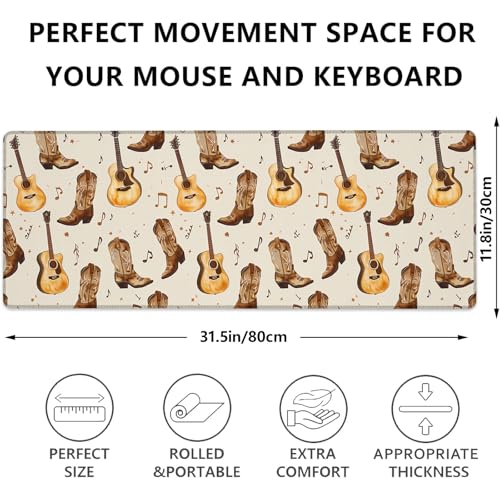 Country Music Gaming Mouse Pad, Cowboy Boots and Guitars Large Desk Mat for Computer, Extended Keyboard Laptop Mouse Pads 31.5×11.8in, Non Slip Rubber Mousepad for Office Decor Gifts - color: Cowboy25