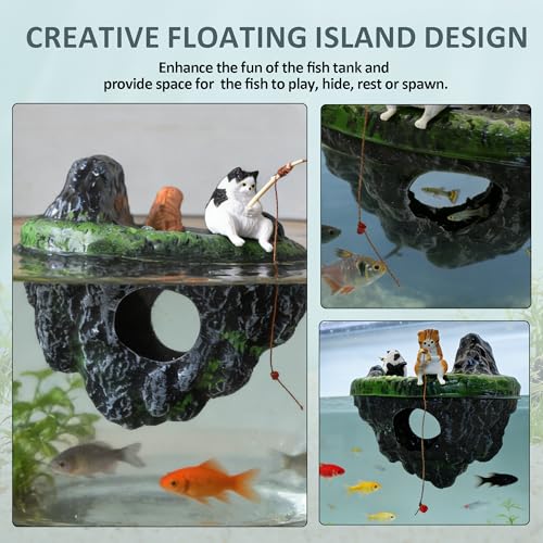 Aquarium Floating Island, Aquarium Decor, Cat Fishing Fun Fish Tank Decorations, Aquarium Cave Fish Hideout for Betta Goldfish Shrimp