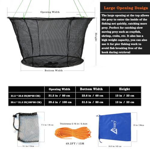 Drasry Fishing Net Trap for Crayfish Crab Bait Minnow Shrimp Foldable Fish Crawdad Lobsters Cast Net Collapsible - size: 39.4 * 31.5 in(100 * 80 CM), style: Large Open - Rubber Coated 10*6 Mm Mesh