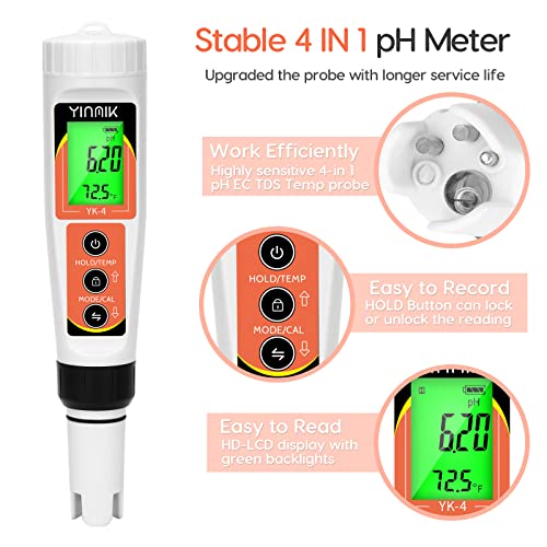 YINMIK PH Meter, Digital 4 in 1 PH EC TDS Temp Meter for Water Hydroponics, Waterproof DWC PH and EC PPM Water Tester with Backlit for Nutrients Growing, Indoor Garden, Home Brewing, Pool, Aquarium - color: Orange pH meter