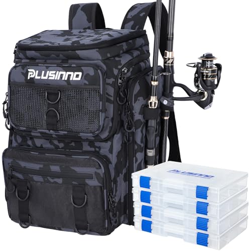 PLUSINNO Fishing Tackle Backpack with Rod Holders，42L Water-resistant Fishing Bag Store Fishing Gear,Fishing Gifts For Men. - color: Black Camo（4 Tackle Boxes Included）