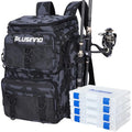 PLUSINNO Fishing Tackle Backpack with Rod Holders，42L Water-resistant Fishing Bag Store Fishing Gear,Fishing Gifts For Men. - color: Black Camo（4 Tackle Boxes Included）