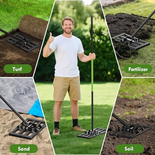 Seeutek Lawn Leveling Rake, 17” x 10” Lawn Leveler with 6.5FT Stainless Steel Handle Rakes for Lawns, 0-180° Adjustable Ground Leveler Tool for Yard, Level Soil Sand Dirt Surfaces - size: 17"*10"