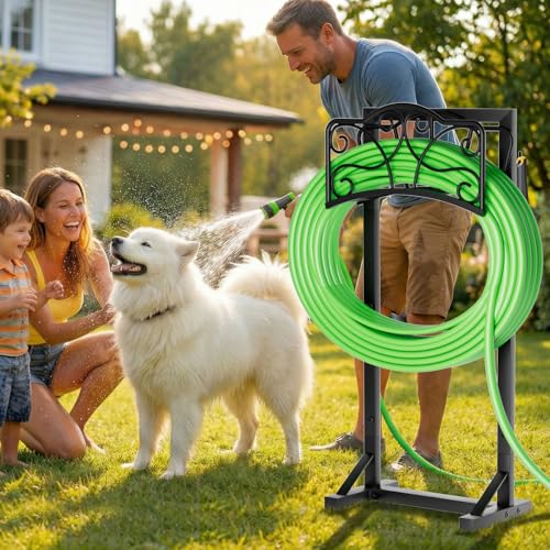 Heavy-Duty Garden Hose Holder with Tool Hooks and Stable Base, XEAPOMS Metal Hose Hanger Garden Hose Storage Holds 160Ft, Rustproof Freestanding Water Hose Holder for Outside, Yard, Lawn, Farm - color: Deep Black