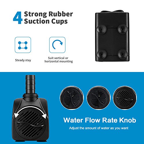 Jhua Water Fountain Pump 300GPH (1100L/H, 21W) Submersible Water Pump, Ultra Quiet Fountain Pumps Submersible Outdoor with 5.9ft Power Cord, 3 Nozzles for Aquarium, Tank, Pond, Statuary, Hydroponics