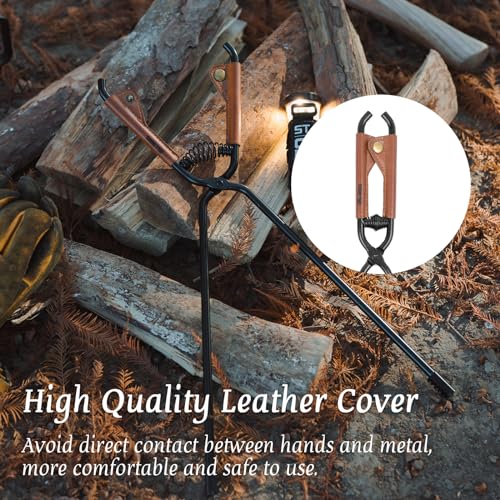 Fireplace Tongs Log Claw Tongs with Faux Leather Handle Cover Log Grabber Clamp Tool for Indoor & Outdoor Camping Campfire Fireplace Fire Pit(Black)