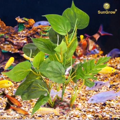 SunGrow Plastic Leaf Plant, Heavy-Duty Ceramic Base, Hiding Spot for Fish, Betta, Angelfish, Gold Fish, Frog, Python, Reptiles, Amphibians (2, 10 Inches) - size: 10 Inches