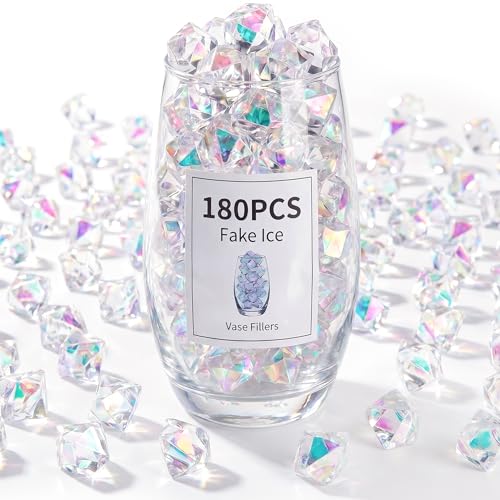 FUTUREPLUSX 180PCS Iridescent Fake Ice Rocks – Clear Acrylic Fake Ice & Plastic Gems for Vases, Table Scatter & Gems/Jewels for Crafts, Wedding Centerpieces, Fish Tank & Home Decor