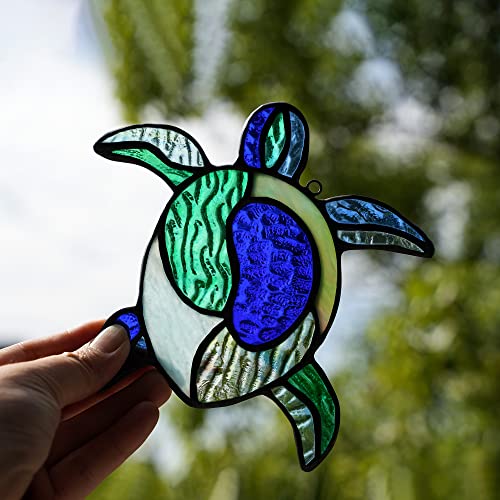 Sea Turtle Decor Stained Glass Window Hanging,Navy Turtles Suncatcher for Garden,Bathroom,Backyard and Living Room,Ocean Theme Party,Housewarming Party Decorations for Turtle Lovers … - color: F