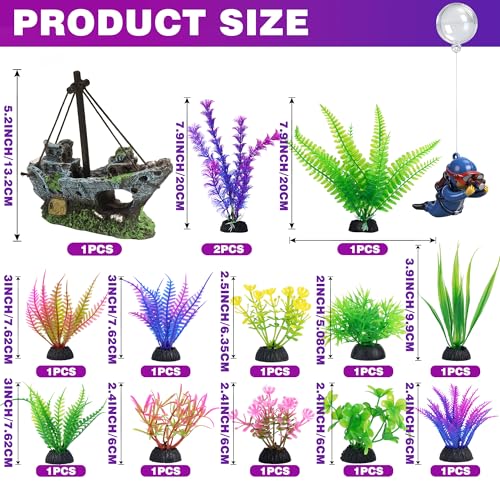 Fish Tank Decor Set with Shipwreck Decoration, Little Diver Floating & 13 Aquatic Artificial Plants - Betta Plants & Hiding Spots for Aquariums and Small Fish Tank Accessories