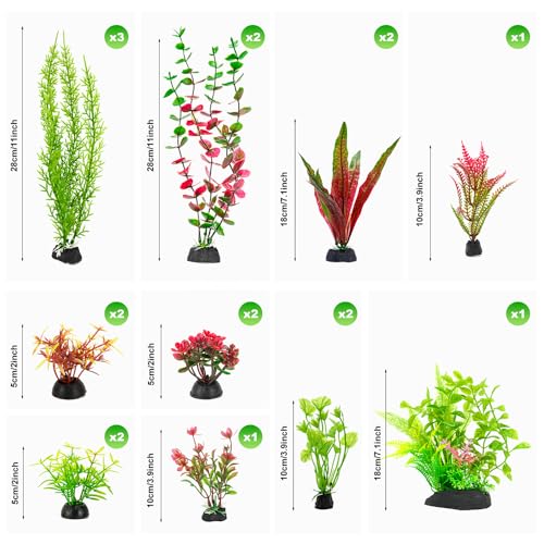 18-Piece Artificial Aquarium Plants Decorations – Large Set with Red & Green Foliage, Fish Tank Decor for Betta, Goldfish, Freshwater & Saltwater Tanks, Weighted Bases