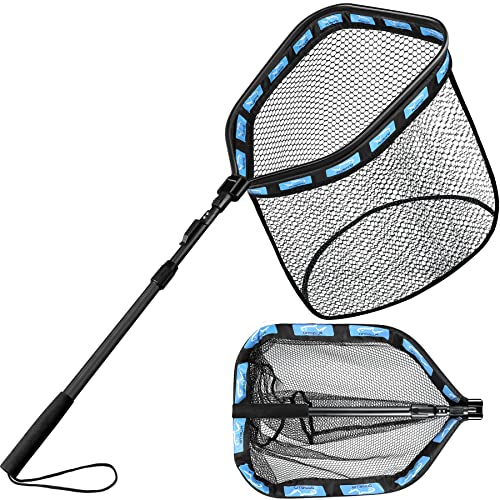 PLUSINNO Floating Fishing Net for Steelhead, Salmon, Fly, Kayak, Catfish, Bass, Trout Fishing, Rubber Coated Foldable Landing Net with Fixed or Telescoping Pole Handle, Fishing Gear and Gifts for Men - color: 19.7"/50cm Hoop Size length 1.5M Blue (Telesco