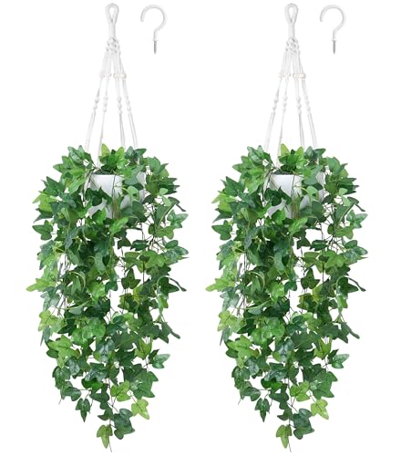 DREAMLOOM 2 Packs Fake Hanging Plants with Pots, Artificial Ivy Hanging Plants with Macrame Hanger for Indoor Decor, Fake Hanging Vines Faux Greenery for Home Kitchen Office - color: Ivy
