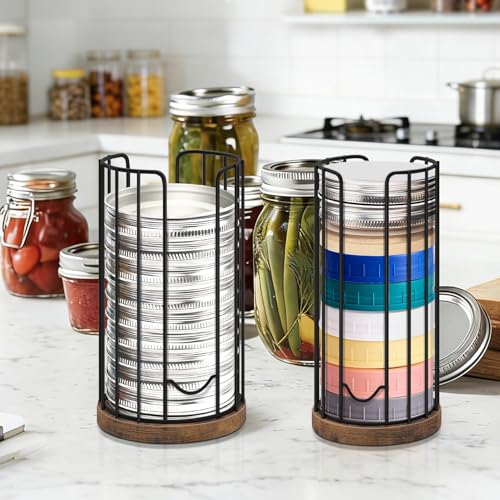 Mason Jar Lid Organizer, 2-Pack Mason Jar Lid Holder with Wood Base & Metal Frame, Mason Jar Lid Storage Accessories for Kitchen Countertop or Cabinet, Fit Mason/Canning/Bamboo Lids