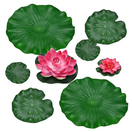 M METERXITY 1-Set Artificial Floating Foam Lotus Flower with Water Lily Pad, 4/7/11 Inch Fake Lotus Flowers Water Lilies for Pool/Fountain/Garden Decor, Pond Plants Ornaments [Dark Red] - color: Dark Red, size: 6.7/3.9 Inch