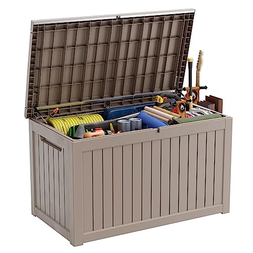 ROJIK Outdoor Storage Housing Deck Box - Waterproof Patio Furniture, Garden Tools, Cushions, Pool Accessories Storage Bench with Lockable Lid and Side Handles (Grey, 275 Gal) - color: Grey, size: 275 Gallon