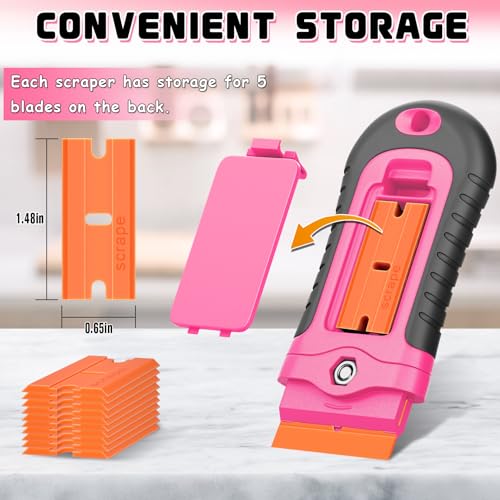 DIYSELF 2 Pcs Plastic Razor Blade Scraper with 10 Pcs Blades, Plastic Scraper Tool for Adhesive Remover, Scrapers for Cleaning Stickers, Decals, Glass, Windows, Car, No Scratches (Pink) - color: Pink-plastic Blades, size: 2 Pack
