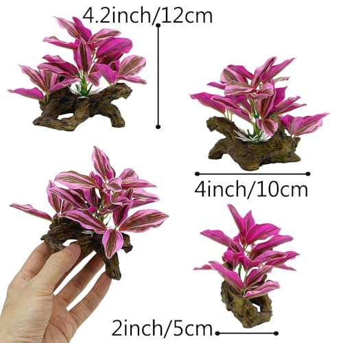Fish Tank Decorations Aquarium Decor Ornaments Betta Pink Leaf pad Hammock Artificial Driftwood Goldfish Bowl Accessories (Hot Pink Set)