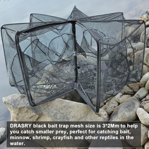 Drasry Black Fishing Bait Trap Foldable Fish Net for Minnow Crab Crayfish Crawdad Shrimp Trap Cast Net Dip Cage Collapsible Easy Use 4 6 Hole Fishing Accessories - color: Black, size: 27.6*10.2 in（ 70*26 cm）, style: 1pcs 4 Entrance Holes
