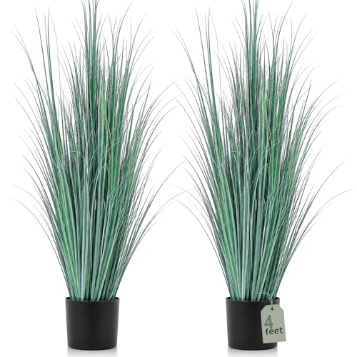 Jexine 2 Pieces Tall Artificial Grass Plant Potted Artificial Greenery Floor Plants Fake Pampas Grass Tall in Pot for Housewarming Gift House Garden Bathroom Lobby Indoor Outdoor (Grey White,4 ft) - color: Grey White, size: 4 ft