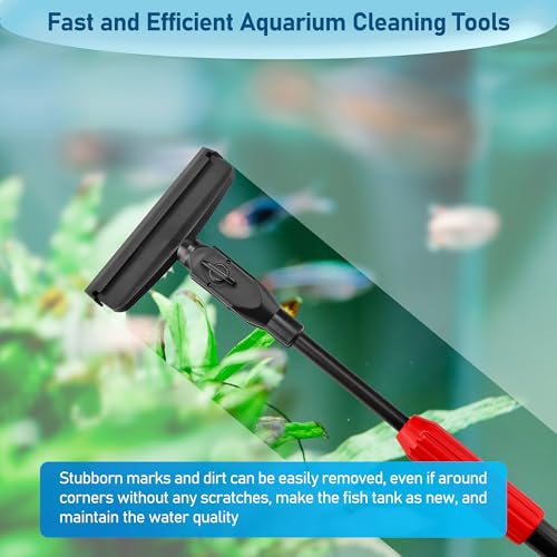 Mogoko 6 in 1 Aquarium Cleaning Tool Kit, Multi-Use Fish Tank Cleaning Kit with Telescopic Long Handle, Algae Scraper Scrubber Pad Scrub Brush Fish Net Gravel Rake
