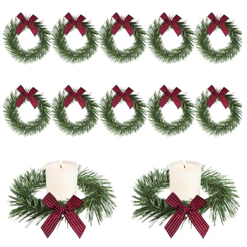 YBB 12Pcs Christmas Candle Rings with Red Black Plaid Bow, Small Artificial Wreath Candle Holder Rings, Fits 3.9 Inch Pillars Candle Tapers for Rustic Wedding Centerpiece Christmas Table Decoration - color: Bow-12pcs