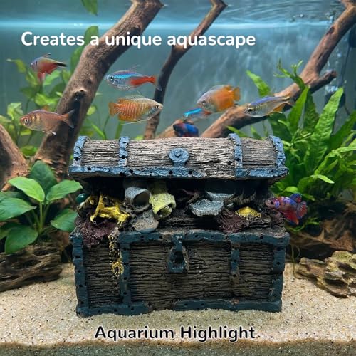 Mipukbay Treasure Chest Fish Tank Decorations, Funny Aquarium Decor Ornament for Small Aquarium and Fish Tank, Safe Landscape Rock Cave for Betta Fish, Goldfish and Aquatic Pets - size: Treasure Chest