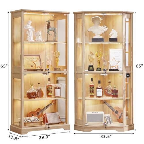 LELELINKY Farmhouse Glass Display Cabinet Set of 3 with Doors, Corner Curio Cabinet for Collectibles, Wooden Display Cabinets for Home, Office, Living Room, Corner, Natural - color: Natural, size: Set C