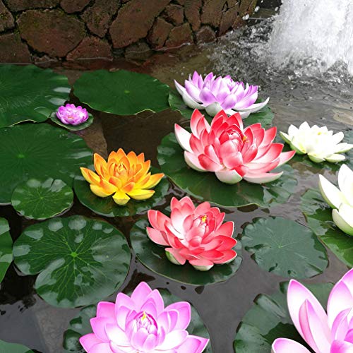 SEWACC 5pcs Artificial Lotus with Water Lily Pad Floating Lotus Flower Realistic Flower Ornanment for Outdoor Garden Pond Aquarium Pool Decoration 10cm