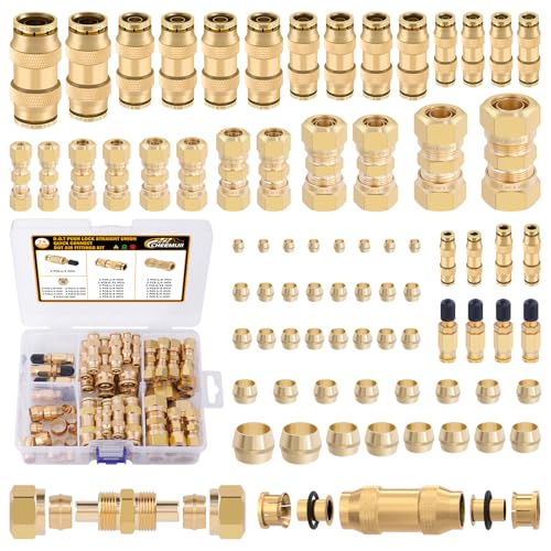CheeMuii 74 PCS Brass DOT Air Line Fittings Kit DOT Push Lock and Compression Air Fittings Pure Brass Quick Connect Straight Union 1/8" 5/32" 1/4" 3/8" 1/2" 5/8" 3/4" Air Hose Fittings Assortment - color: Gold, size: 74 PCS