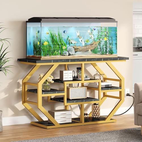 YITAHOME Heavy Duty 55-75 Gallon Fish Tank Stand with Power Outlet, Marble Aquarium Stand for Fish, Turtle, Reptile Terrarium, Shelves for Fish Tank Accessories Storage, 860LBS Capacity, Gold