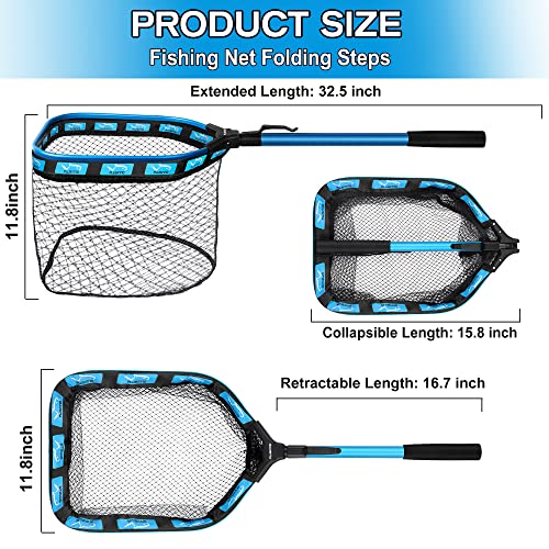 PLUSINNO Floating Fishing Net for Steelhead, Salmon, Fly, Kayak, Catfish, Bass, Trout Fishing, Rubber Coated Foldable Landing Net with Fixed or Telescoping Pole Handle, Fishing Gear and Gifts for Men - color: 11.8"/30cm Hoop Size 0.8M Blue Pole (Fixed Pol