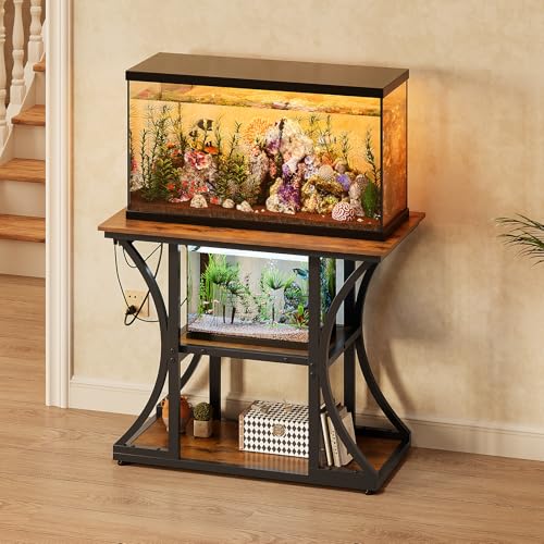 50 Gallon Aquarium Stand with Power Outlets Fish Tank Stand with 3-Tier Storage Shelves Display Stand for Turtle Tank Shelves Metal Frame Stand for Living Room Office Entryway,Brown - color: Brown