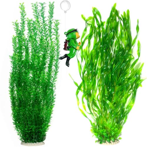 2 Pack Aquarium Decor Artificial Seaweed Water Plants, Extra Large 23.6 Inches Fish Tank Plastic Plants, Tall Fish Tank Decorations with a Aquarium Diver Ornament (Green) - color: Green