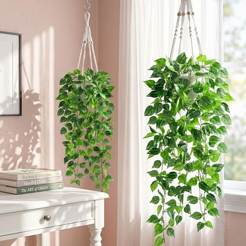DREAMLOOM 2 Packs Fake Hanging Plants with Pots, Artificial Pothos Hanging Plants with Macrame Hanger for Indoor Decor, Fake Hanging Vines Faux Greenery for Home Kitchen Office - color: Pothos