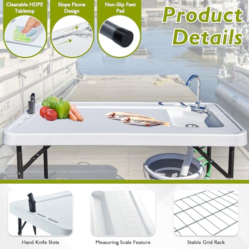 Folding Fish Cleaning Table Portable Camping Sink with Faucet Drainage Hose & Sprayer Outdoor Fillet Station Grid Rack Knife Groove for Picnic Fishing, Black - style: A Sink-Black