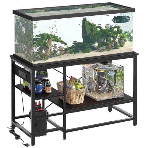 Bestier 55 Gallon Fish Tank Stand with Power Outlet, 49x13 Metal Aquarium Stand with Filter Storage, 6-Leg Long Reptile Tank Stand with 3-Tier Adjustable Storage Shelves, 700LBS Capacity, Black Oak - color: Black, size: 55 Gallon