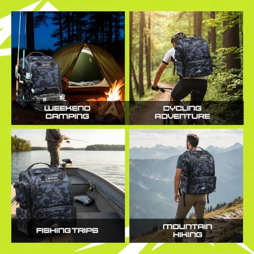 Waterproof Fishing Backpack with Tackle Boxes, Rod Holder & Foldable Net - 40L Fishing Tackle Bag with Trays Included, Extra Storage Gear and Equipment, Rain Cover, Fisherman Gift for Men - color: Black Camo