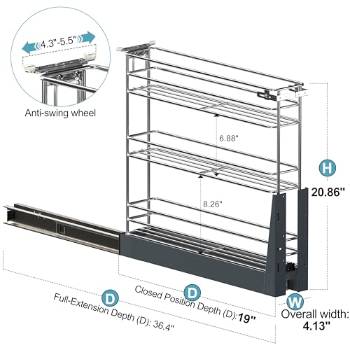 JOWBOOW 4 Inch Pull Out Spice Rack for 9 Inch Base Cabinet, Fully Assembled Heavy Duty 3-Tier Narrow Slide Out Organizer Anti-Wobble Wheels & Door Mount Kit, Bottom Mount - size: 4"W Bottom-Mount (Min 5" Opening)
