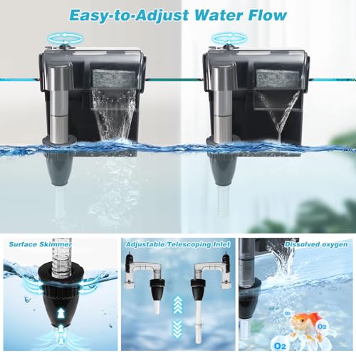 Hang on Back Aquarium Filter 158GPH for 10-40 Gal. Fish Tank, w/ Detachable U-V Light &Surface Skimmer, 4-Stage Suspension Oxygen Deodorization Saltwater Freshwater Crystal Clear Green Clean Machine - size: WP-607H