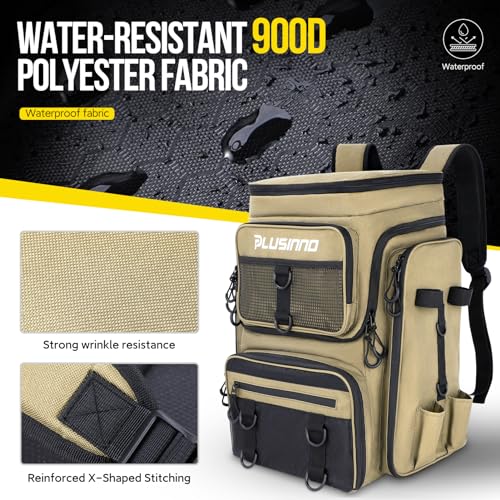 PLUSINNO Fishing Tackle Backpack with Rod Holders，42L Water-resistant Fishing Bag Store Fishing Gear,Fishing Gifts For Men. - color: Khaki