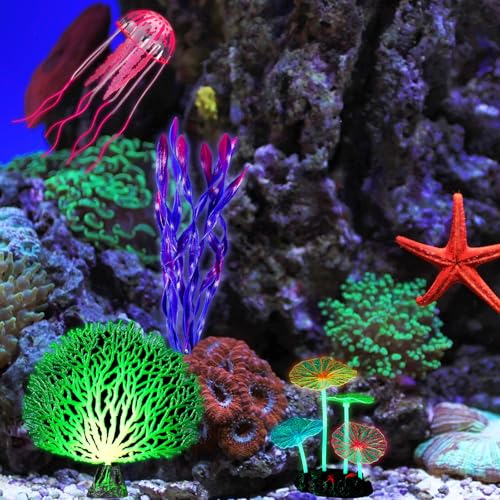 Frienda 8 Pieces Glowing Effect Fish Tank Decorations Artificial Plants with 2 Style Glowing Kelp, Sea Anemone, Simulation Coral, Jellyfish, Lotus Leaf, Mushroom for Aquarium Ornament(Blue, Pink) - color: Blue, Pink
